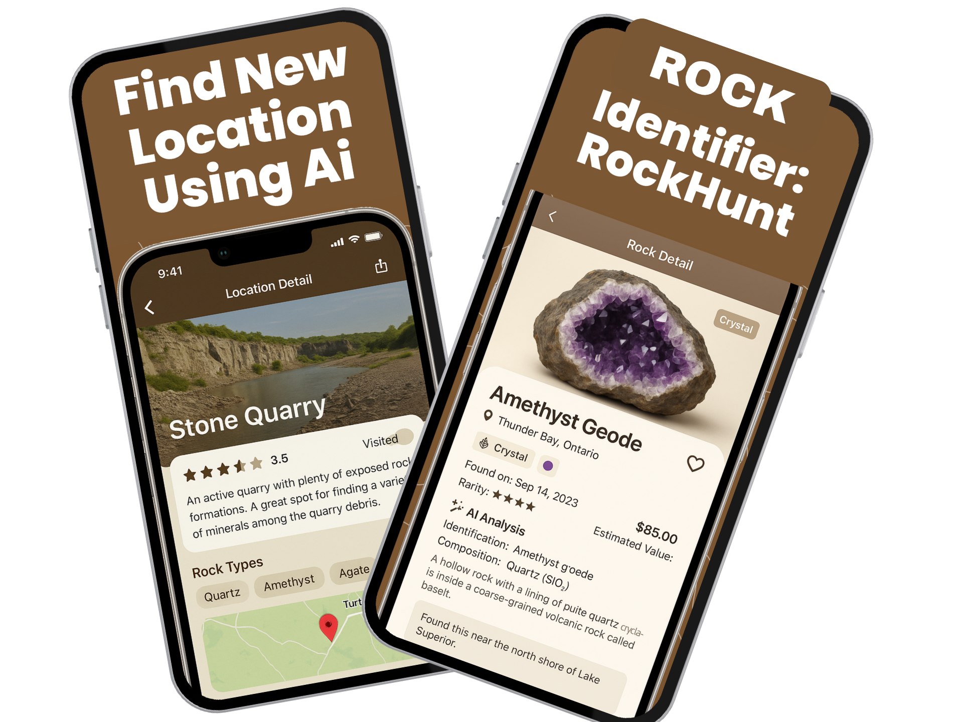 Rock Identifier AI scanner app interface showing rock minerals identification